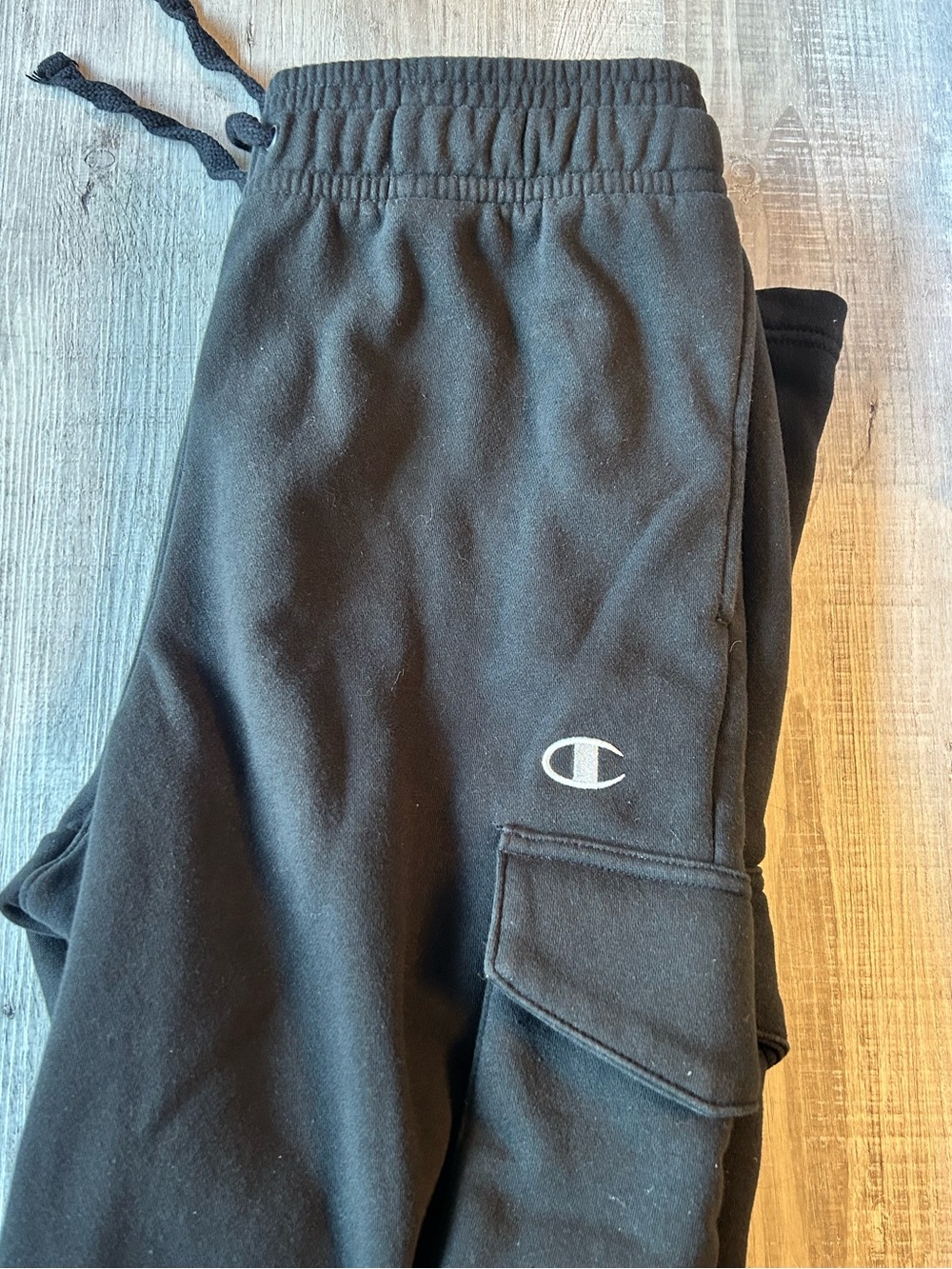Champion Black Cargo Joggers with White Logo • Men’s M